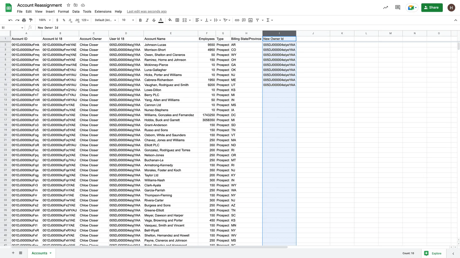 Specify a new account owner id in Google Sheets